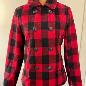 GAP Women’s Buffalo Plaid Wool-Blend Pea Coat‎ – Red & Black XS